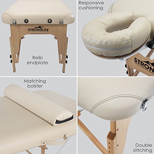 STRONGLITE Portable Massage Table Olympia - Package w/ Adjustable Face Cradle, Face Pillow, Full Round Bolster, Microfiber Sheet Set & Carry Case