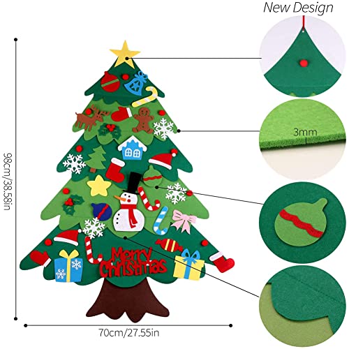 DIY Felt Christmas Tree Set,Geli 4ft Family 3D Fake Xmas Tree with 32 Pcs Ornaments 20 LED Lights Detachable Christmas Ornaments for Home Door Wall Hanging Christmas Decorations