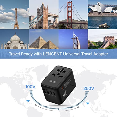 LENCENT Universal Travel Adapter, GaN III 65W International Charger with 2 USB Ports & 3 USB-C PD Fast Charging Adaptor, Worldwide Wall Charger for iPhone, Laptop, USA/UK/EU/AUS, (Black)