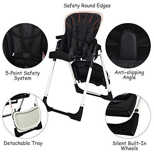 BABY JOY High Chair for Babies & Toddlers, Foldable Highchair with Multiple Adjustable Backrest, Seat Height and Footrest, Removable Tray, Detachable PU Leather Cushion, Built-in Rear Wheels (Black)