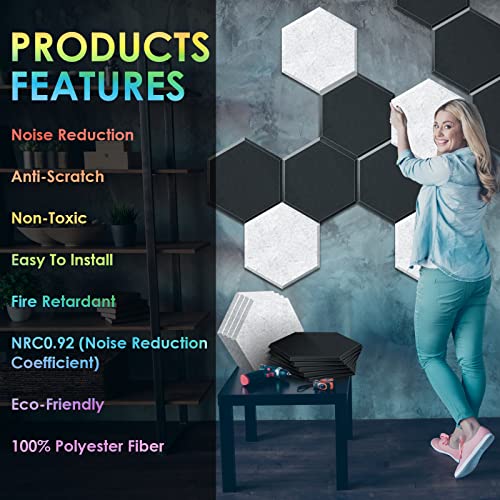 ZHERMAO 12 Pack Hexagon Acoustic Panels Beveled Edge Sound Proof Foam Panels, 14"X13"X 0.4" High Density Sound Proofing Padding for Wall, Acoustic Treatment for Studio, Home and Office (Grey Black)