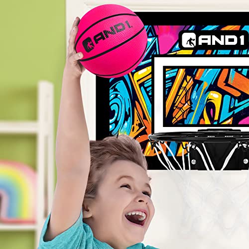 AND1 Over The Door [Mini Basketball] [Hoop]: - 18”x12” Pre-Assembled Portable with Flex Rim, Includes Two Deflated 5” – Teal/Pink (5A1GT0110L0E2)