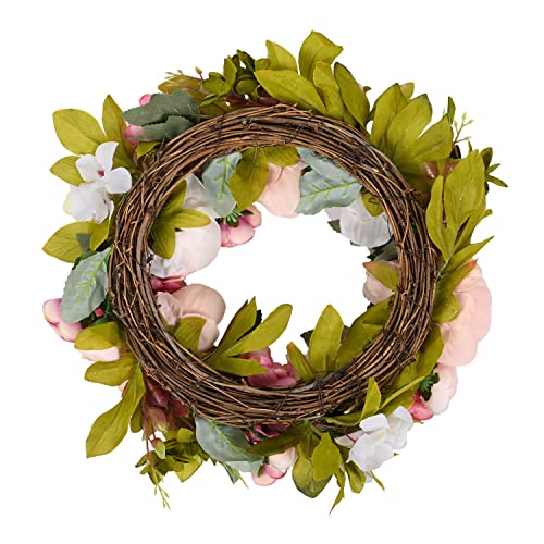 Fake Flowers Door Wreath 15"-16" Floral Artificial Peony Wreath with Green Leaves Handmade for Front Door Farmhouse Welcome Door Wall Home Decor Office Light Pink