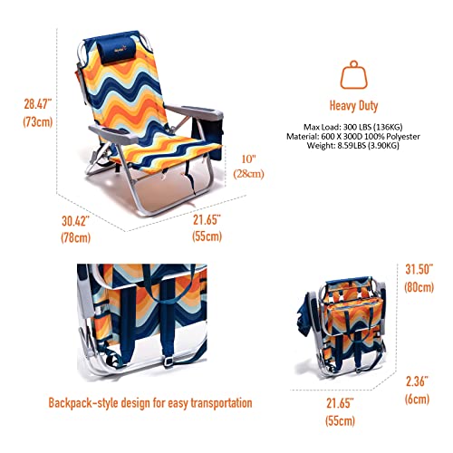 SunnyFeel Reclining Beach Chair Outdoor Folding Lounge Chairs for Adults 5 Position Adjustable with Cooler Bag and Cushioned Neck Rest Backpack Straps, Orange Wave