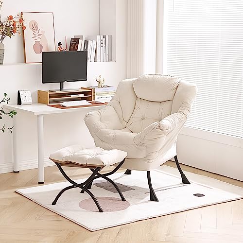 Furlide Lazy Chair with Ottoman, Modern Chair with Folding Footrest, Lounge Accent Chair, Comfortable Reading Chair, Oversized Armchairs for Bedroom, Study, Living Room, Courtyard (Beige)