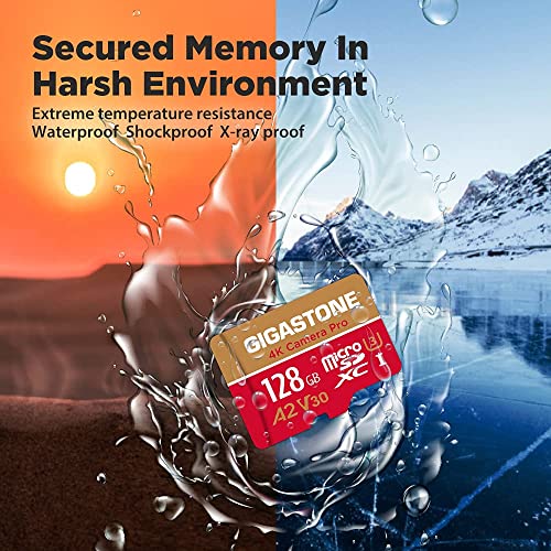 Gigastone 128GB Micro SD Card, 4K Camera Pro, 4K Video Recording for GoPro, Action Camera, DJI, Drone, R/W up to 100/50 MB/s MicroSDXC Memory Card UHS-I U3 A2 V30 C10