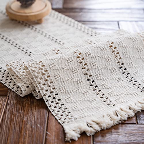 Alynsehom Macrame Table Runner Cream Beige Boho Table Runner with Tassels Hand Woven Cotton Table Runner Rustic Farmhouse Table Runner for Bohemian Kitchen Dining Table(12x108in)