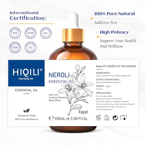 HIQILI Neroli Essential Oil, Pure Natural Neroli Oil for Diffuser, Skin Care, Relaxation - 3.38 Fl Oz