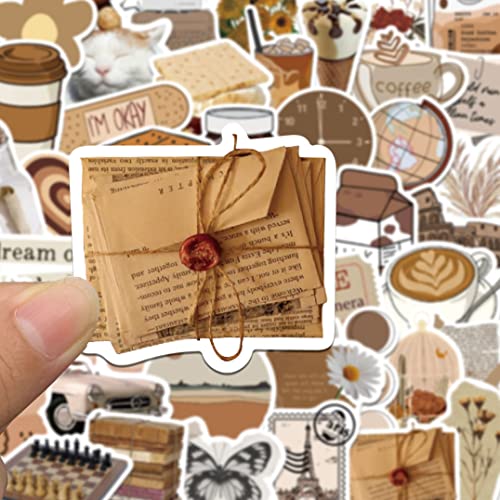 Vintage Art Aesthetic Stickers, 60 Pcs Artistic Brown Vinyl Waterproof Stickers for Laptop Water Bottles Journaling Scrapbook Computer Travel Case Guitar Luggage Decals for Kids Teens (Brown Vintage)