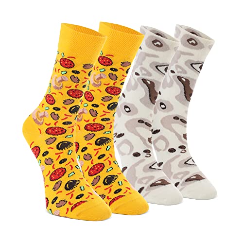 CREA SOCKS - Ladies Mens Pizza Socks Box Mixed Mushroom Sausage Olive Hot Peppers - 4 Pairs, gold, 36-40