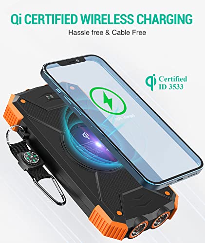 BLAVOR Solar Charger Power Bank, Qi Wireless Charger 10,000mAh External Battery Pack Type C Input Output Dual Super Bright Flashlight, Compass Carabiner, Solar Panel Charging