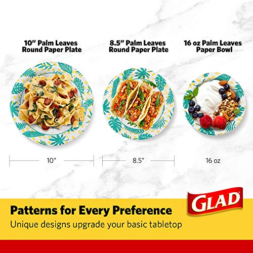 Glad Round Disposable Paper Plates with Palm Leaves Design, 10" | 10 Inch Paper Plates | Soak Proof Paper Plates Heavy Duty, Microwave Safe| Cut Resistant Disposable Plates for Everyday Use, 50 Count