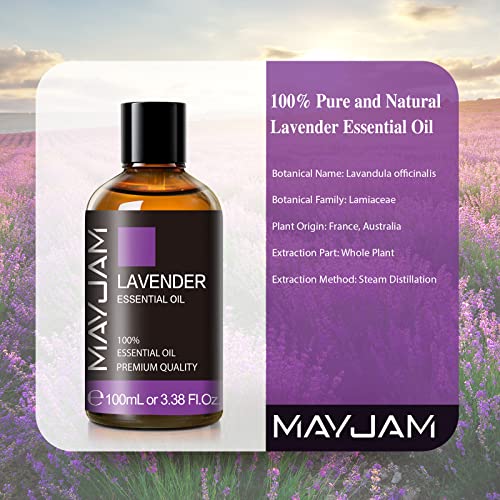 Lavender Essential Oil 100ML, MAYJAM Pure Essential Oils for Skin Care, Diffusers, Massage, Lavender Oil for Soap Candle Making, Huge 3.38FL.OZ Bottle