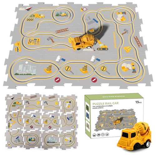 ZCOINS Construction Car Puzzle Track Race Playset for Kids, Puzzle Mat Rail Train Vehicle STEM Montessori Toys, DIY Road Builder Board Game Educational Gift Toys for 3 4 5 6 7 Year Old Boys
