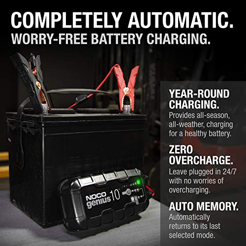 NOCO GENIUS10AU, 10A Smart Battery Charger, 6V and 12V Portable Car Battery Charger, Battery Maintainer, Trickle Charger and Desulfator for Automotive, Motorcycle, Motorbike, AGM and Lithium Batteries