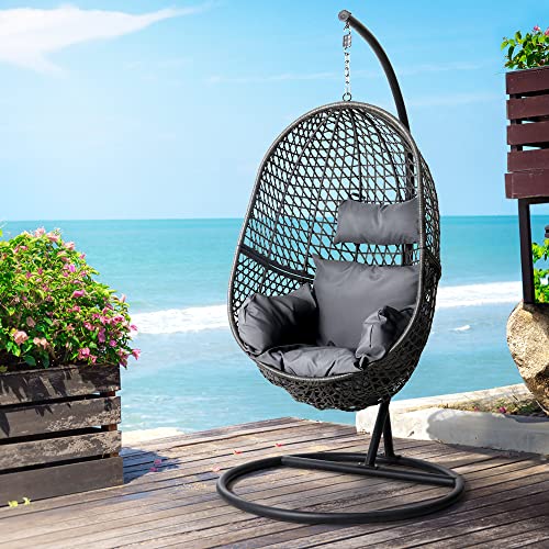 Gardeon Outdoor Egg Swing Chair Rattan Black Garden Bench Hanging Seat, Patio Baconly Furniture Chairs, with Cushions Stand Wicker Basket Water Resistant 150kg Capacity