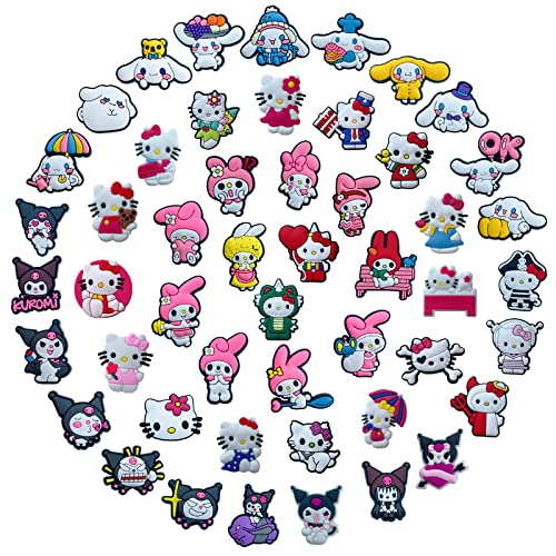 50 Pcs Cute Cartoon Shoe Charms for Crock Girls, Hello Kìtty Kawaii Animal Shoe Charms for Kids, Cute Shoe Charms for Wristband Bracelets, Sandals Decoration Accessories., Rubber, No Gemstone