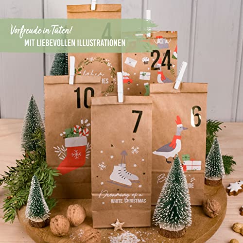 Papierdrachen Advent Calendar for Filling - 24 Brown Printed Gift Bags and 24 Number Stickers and Clips - Christmas Motif - for Crafts and Gifts - Christmas