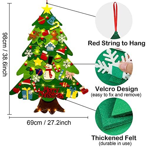 Felt Christmas Tree Set for Toddlers Kids with 3m/9.8ft Led String Light, 3.2ft/98cm Wall Hanging DIY Christmas Tree with 32 Detachable Ornaments for Xmas Home Decoration