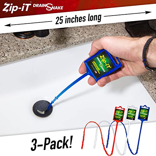 Zip-It Hair Clog Removal 25-inch Overall Length Drain Snake Cleaner (3-Pack) – Red White & Blue Edition – Unclog Your Sink, Shower, & Tub In Seconds – Non-toxic, Made in the USA