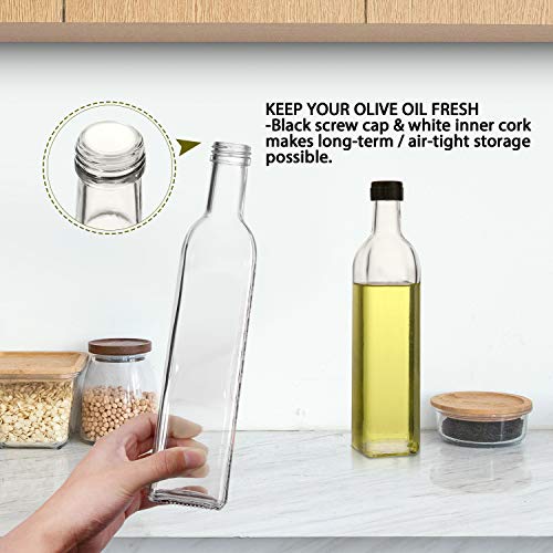 AOZITA [2 PACK] 17 oz Glass Olive Oil Dispenser Bottle Set - 500ml Clear Oil & Vinegar Cruet Bottle with Pourers, Funnel and Labels - Olive Oil Carafe Decanter for Kitchen