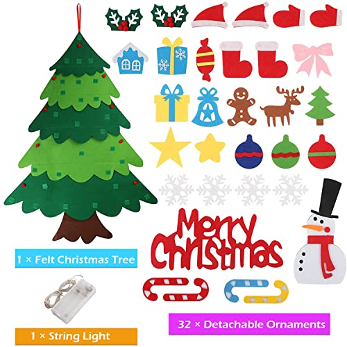 Felt Christmas Tree Set for Toddlers Kids with 3m/9.8ft Led String Light, 3.2ft/98cm Wall Hanging DIY Christmas Tree with 32 Detachable Ornaments for Xmas Home Decoration