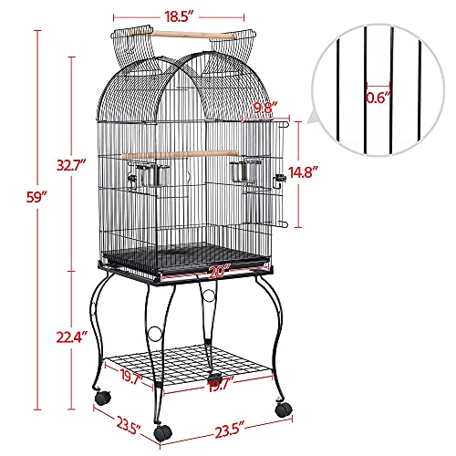 Yaheetech 59-Inch Rolling Standing Medium Dome Open Top Bird Cage for Parrots Cockatiels Sun Conures Parakeets Lovebirds Budgies Finches Canary Pet Bird Cage with Removable Stand