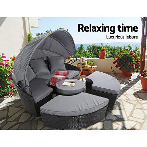 Gardeon Sun Lounge Camping Chair Wicker Folding Day Bed Rattan Lounger, Beach Chairs Sofa Outdoor Furniture Garden Patio Setting Pool Backyard, with Canopy Cushion Pillow Modular Design Black Set of 4