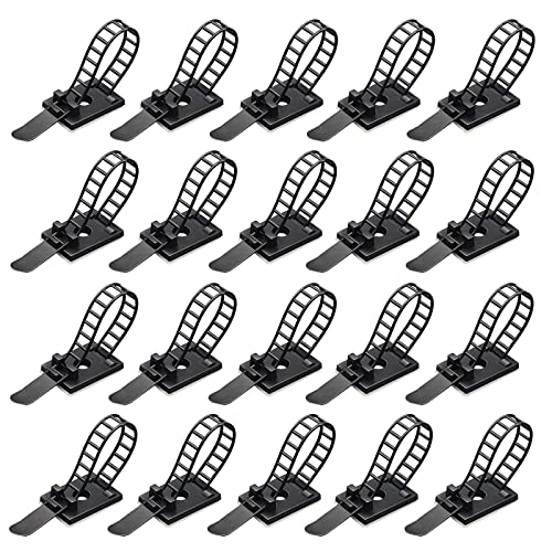Snokay Adjustable Self-Adhesive Nylon Cable Ties with Extra Screw and Hole - Multi-Purpose Cable Tidy Clips Adjustable Cable Zip Ties Cord Holders for Home and Office Desk Organization - 50Pcs