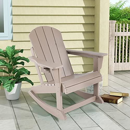 ABCPATIO Adirondack Rocking Chairs Weather Resistant Outdoor Patio Chair with Cup Holder, Seat Width 20" Light Brown
