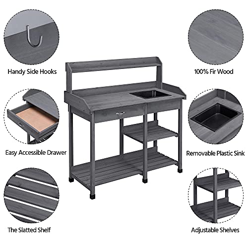 Yaheetech Outdoor Potting Bench Table Potters Benches Garden Work Bench Station Workstation with Drawer/Adjustable Shelf Rack/Removable Sink/Hooks/Pads Gray Solid Wood