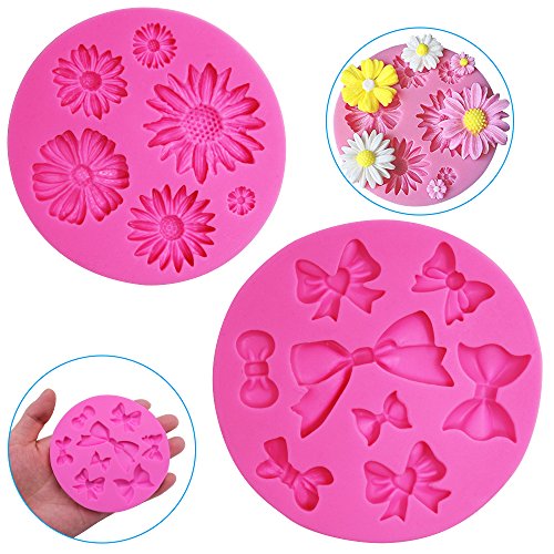 2 Pieces Decorative Silicone Molds, Chrysanthemum Flower and Bow Tie Shaped, FineGood Chocolate Fondant Clay Sugar Craft Soap Decoration Molds DIY Baking Cake Tool - Pink