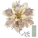 TOYANDONA 12Pcs Christmas Glitter Poinsettia Flowers, Christmas Tree Flower Decorations Artificial Flowers with Stems and Clips for Wedding Party Wreath (Champagne)