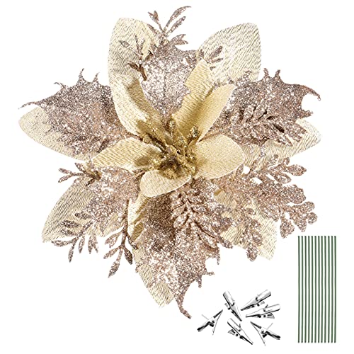 TOYANDONA 12Pcs Christmas Glitter Poinsettia Flowers, Christmas Tree Flower Decorations Artificial Flowers with Stems and Clips for Wedding Party Wreath (Champagne)