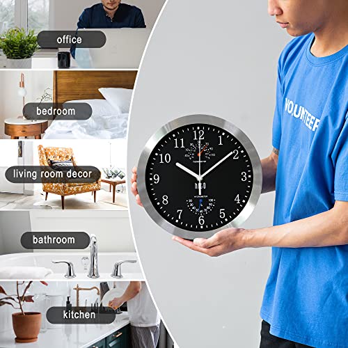 HITO 10” Silent Wall Clock Battery Operated Non Ticking Sweep Movement Glass Cover Silver Aluminum Frame, for Kitchen, Bedroom, Home Office, Living Room Decor (Black)