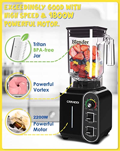 CRANDDI Smoothie Blender, 1800W Strong Motor for Crushing ice, 52oz BPA-free Jar for Family/Commercial Size Ice Crush, Shakes and Smoothies, K98C Black