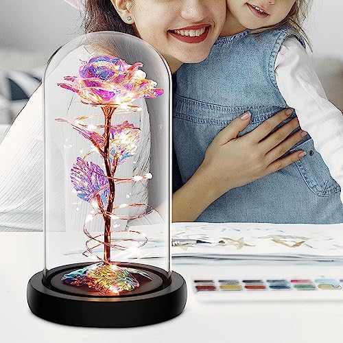 Glass Preserved Eternal Rose, Birthday Gifts for Her Women Gold Foil Artificial Rose with DIY Led Light, Beauty and The Beast Dome, Mother's Day Valentine's Mom Gift from Daughter, TOJUNE (Colorful)