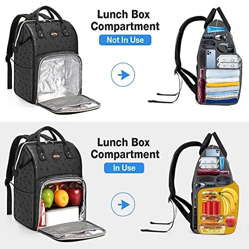 Lekebobor Lunch Backpack for Women Men Laptop Backpack 17.3 Inch, PU Leather Laptop Backpack with Lunch Compartment, Lunch Backpack Cooler Bag with a PVC Lunch Bag and an Ice Bag, Black