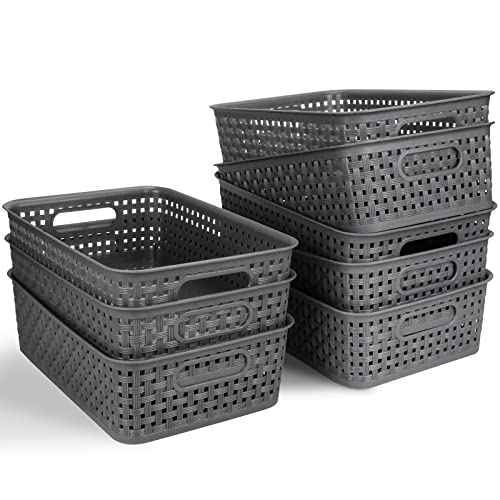 Jabykare 8 Pack Plastic Storage Baskets for Home Storage & Organisation- Storage Bins for Bathrooms, Kitchen, Cabinets, Countertop, Under Sink, Pantry Storage Organiser (Dark Grey)