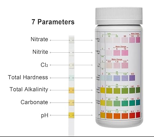 Gingersun 7 in 1 Aquarium Test Kit, Fish Tank Test Strips, 100 Strip Pack，Freshwater Aquarium Test Kit to Detect pH Nitrite Nitrate Chlorine Carbonate Total Alkalinity Hardness