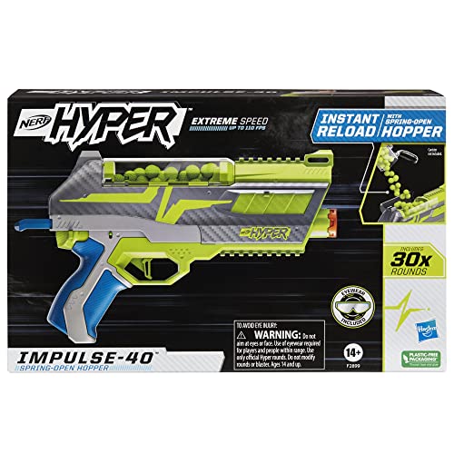 Nerf Hyper Impulse-40 Blaster, 30 Nerf Hyper Rounds, Spring-Open Instant Reload Hopper, Up to 110 FPS Velocity, Eyewear Included