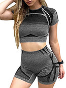 OQQ Sports Outfits for Women 2 Piece Workout Gym Yoga Seamless High Waist Shorts T-Shirt Set Grey