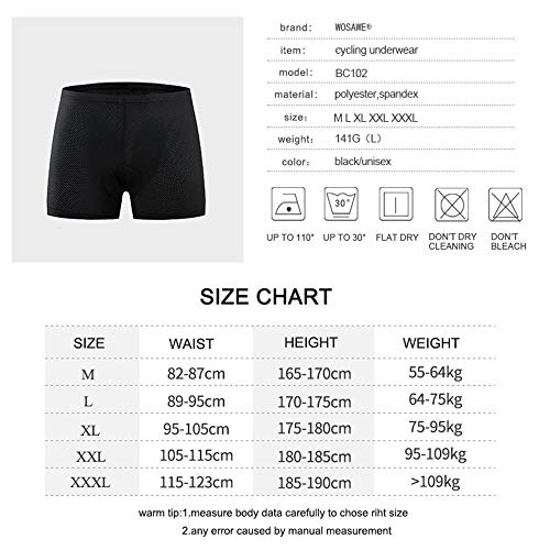 WOSAWE Men's Cycling Underwear Padded Shorts MTB Biking Boxer Briefs Shorts, Large Black