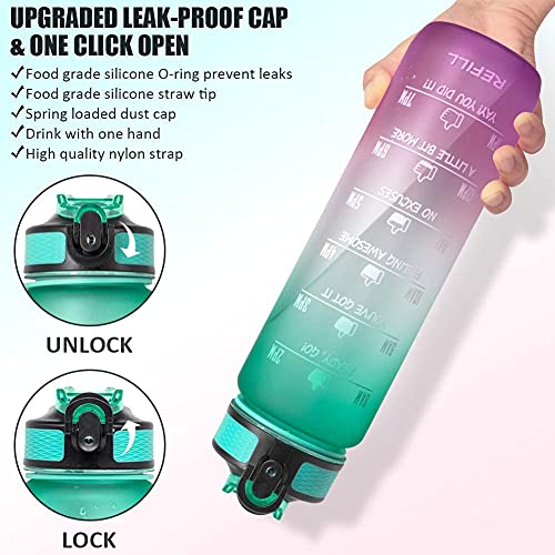 32oz Leakproof BPA Free Drinking Water Bottle with Time Marker & Straw to Ensure You Drink Enough Water Throughout The Day for Fitness and Outdoor Enthusiasts (Ombre-Green Purple, 32oz)