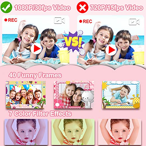 PROGRACE Children Kids Camera Waterproof Digital Video HD Action Camera 1080P Sports Camera Camcorder DV for Girls Birthday Learn Camera Toy 1.77'' LCD Screen (Pink)