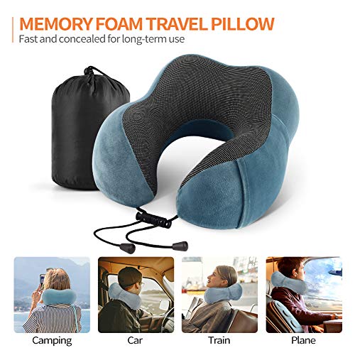 Emgthe Travel Pillow 100% Memory Foam Pillow, Neck Pillow for Airplane, Neck & Head Support Pillow for Sleeping Rest & Car, Travel Pillows Kit with Storage Bag, Sleep Mask and Earplugs Blue