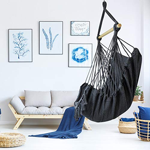 WBHome Extra Large Hammock Chair Swing with Hardware Kit, Hanging Macrame Chair Cotton Canvas, Include Carry Bag & Two Soft Seat Cushions, for Bedroom Indoor Outdoor, Max. Weight 330 Lbs (Grey)