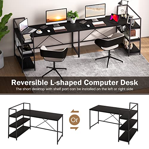 Giantex L-Shaped Computer Desk, Reversible Corner Desk with 3-Tier Storage Shelf & Metal Frame, Modern Executive Office Desk, PC Laptop Workstation for Small Space (Black)