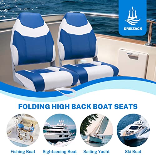 Dreizack High Back Boat Seat,Folding Boat Seat,2 Pack,deluxe,universal size,mounting screws included (Blue White)