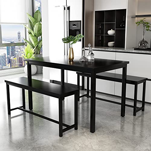AWQM Dining Table Set for 4, Kitchen Table Set with 2 Benches, 47.2Inch 3-Piece Dining Room Table Set with Metal Frame and MDF Board, Sturdy Structure, Space-Saving, Black